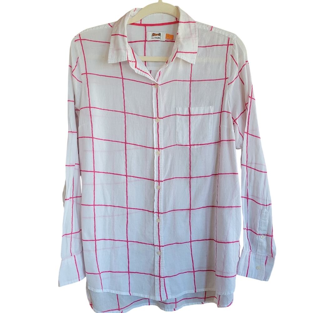 Le Tigre White Pink Windowpane Plaid Button Front Shirt Cotton Preppy Coastal